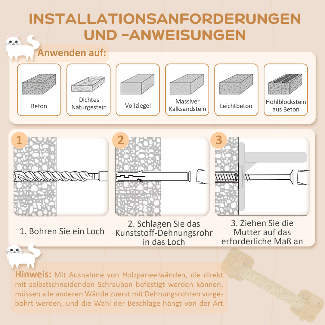 5-Delt klatresæt til katte med kradsetræer, hoppeplatforme, stige og hus, vægmonteret, beige