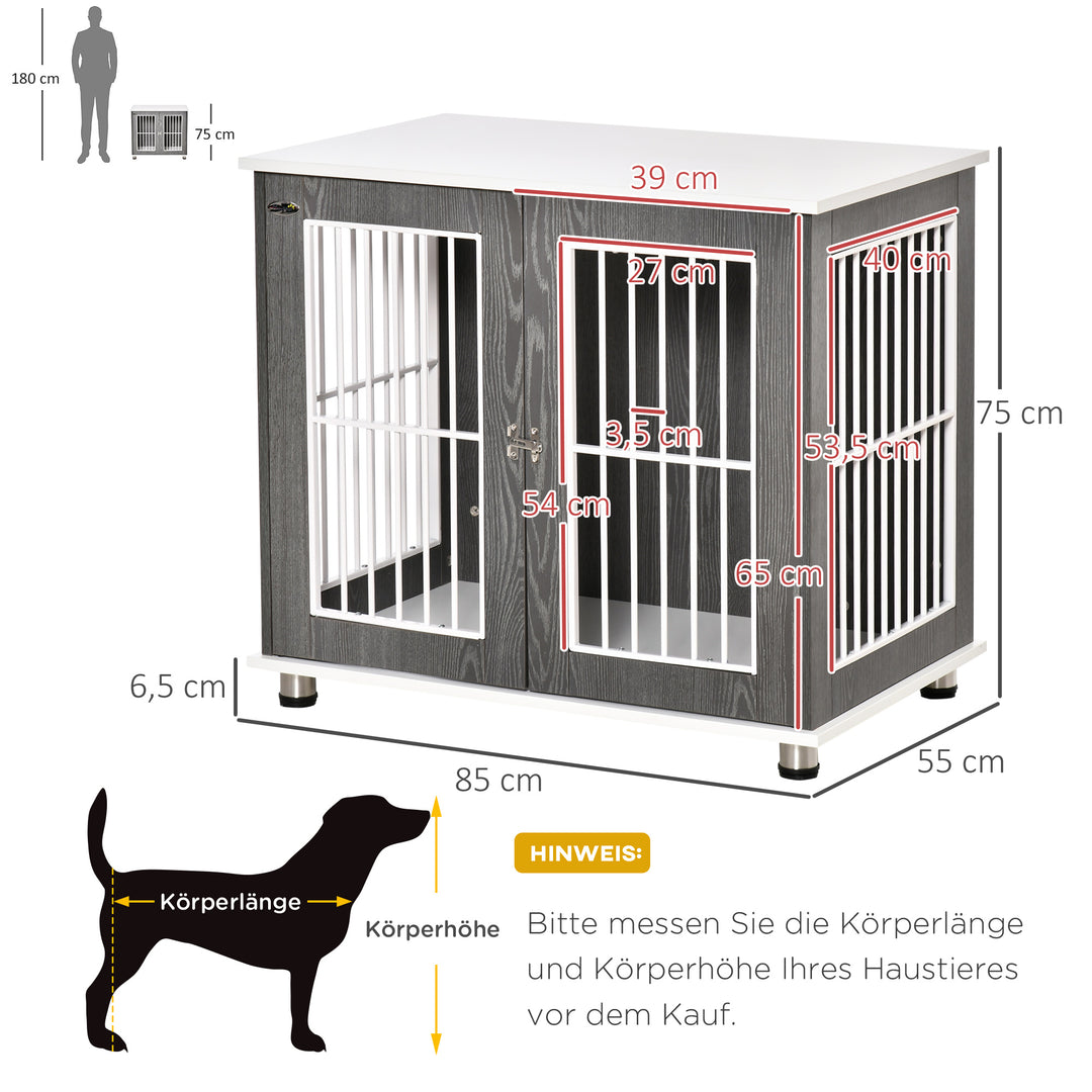 Transportkasse til mellemstore og små hunde, aflåselig træmateriale, stål, grå + hvid