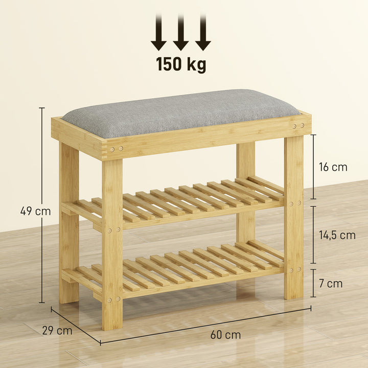 Skobænk med sæde, bambusbænk med opbevaring, 2 åbne rum, bænk 60 x 29 x 49 cm grå