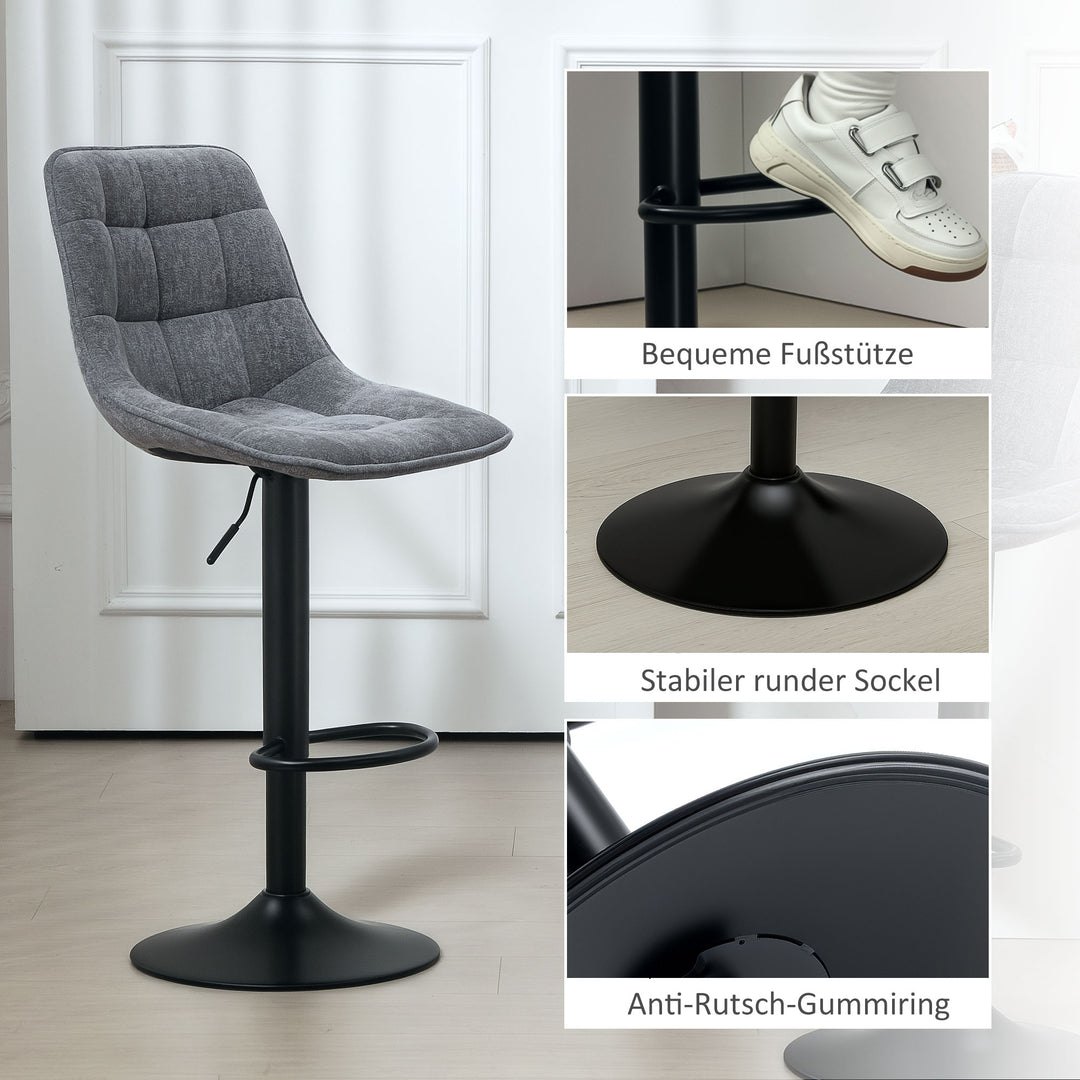 Moderne barstol, sæt med 2 drejebarstole med ryglæn, højdejusterbar, med fodstøtte, polstret, mørkegrå