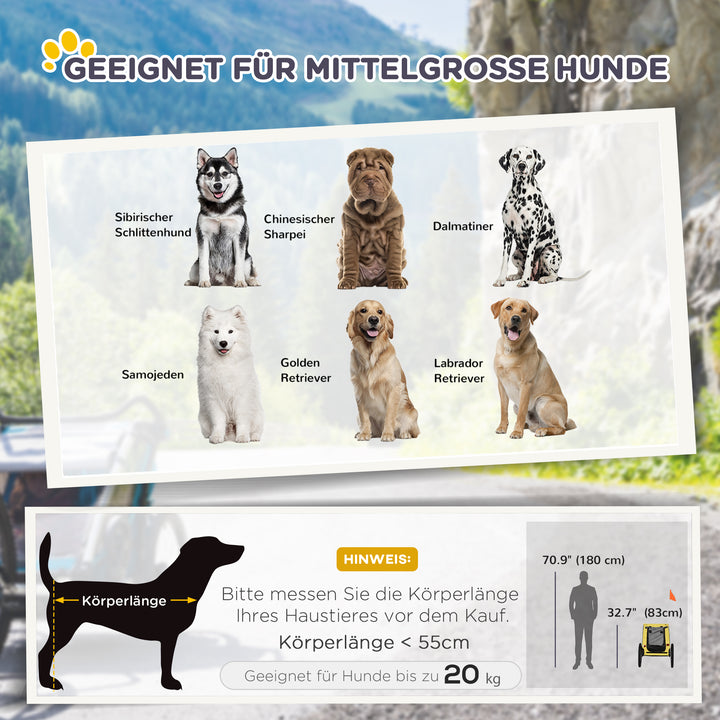 Hundetrailer op til 20 kg, netvindue, rulleovertræk, universalkobling, stålramme, gul, 140 x 71 x 83 cm