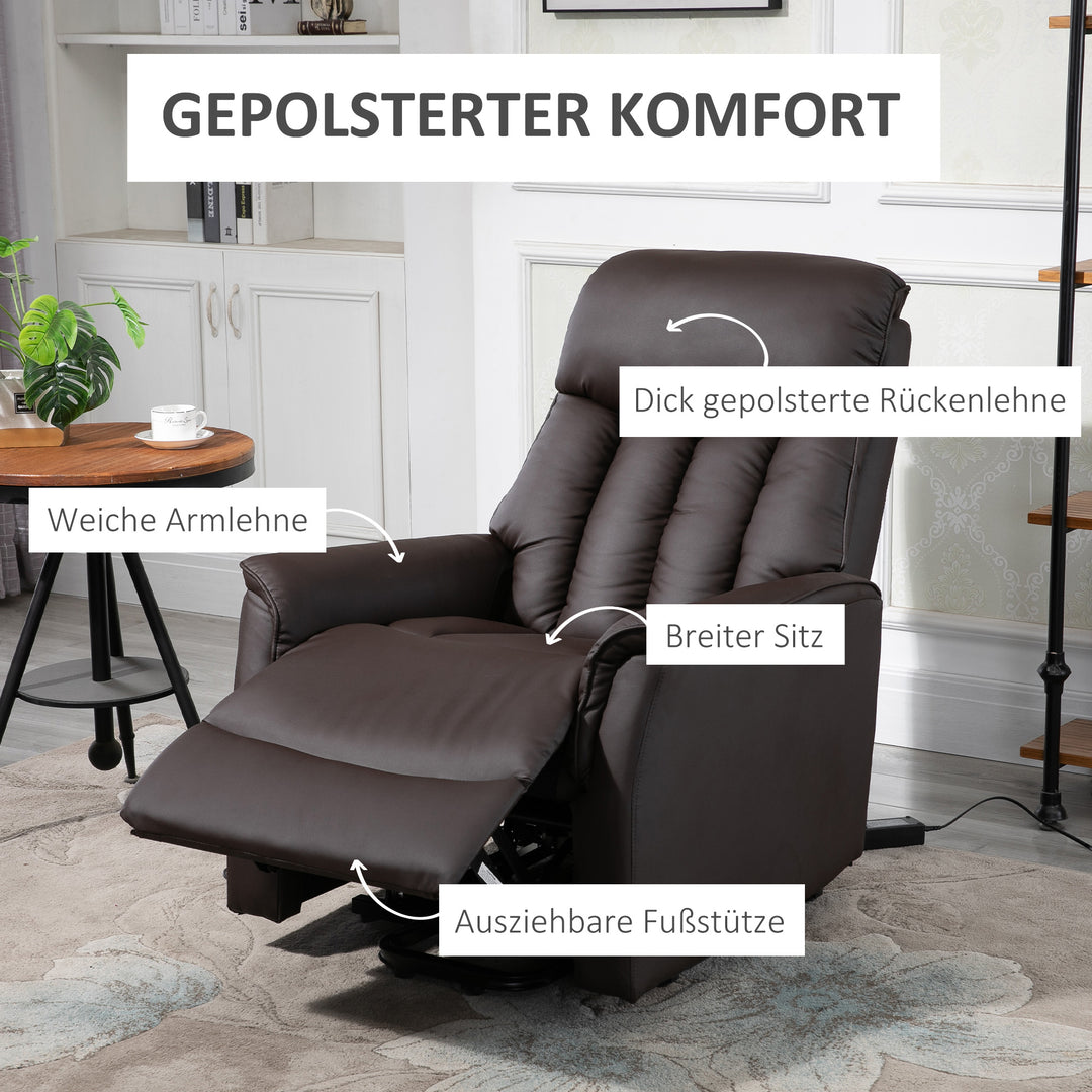 Elektrisk lænestol med ståstøtte, lænefunktion, tv-stol med fodstøtte, sidelomme, fjernbetjening, til stue, op til 150 kg, kunstlæder, brun