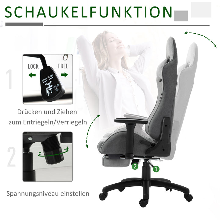 Kontorstol, computerstol, drejestol med aftageligt hoved og lændehynde, vippefunktion, ergonomisk skrivebordsstol, drejelig, højdejusterbar med fodstøtte, pp, grå, 73 x 57 x 127-135 cm