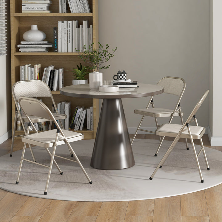 Sæt med 4 klapstole, bærbare kontorstole, stålben, klapstol til kontor, reception, venteværelse, beige linnedlook