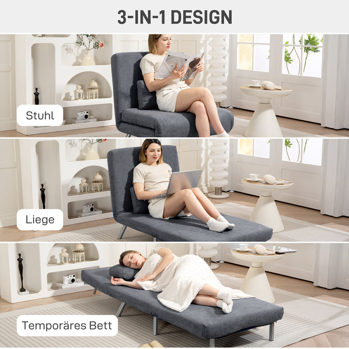 Polstret lænestol med sengefunktion, 2-i-1 design, sovestol, gæsteseng, stofbetræk, med hynde, mørkegrå