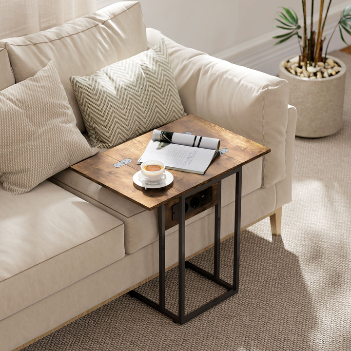 Sammenklappeligt sidebord, ladestation med USB-porte, metal, 39 x 29 x 57 cm, brun
