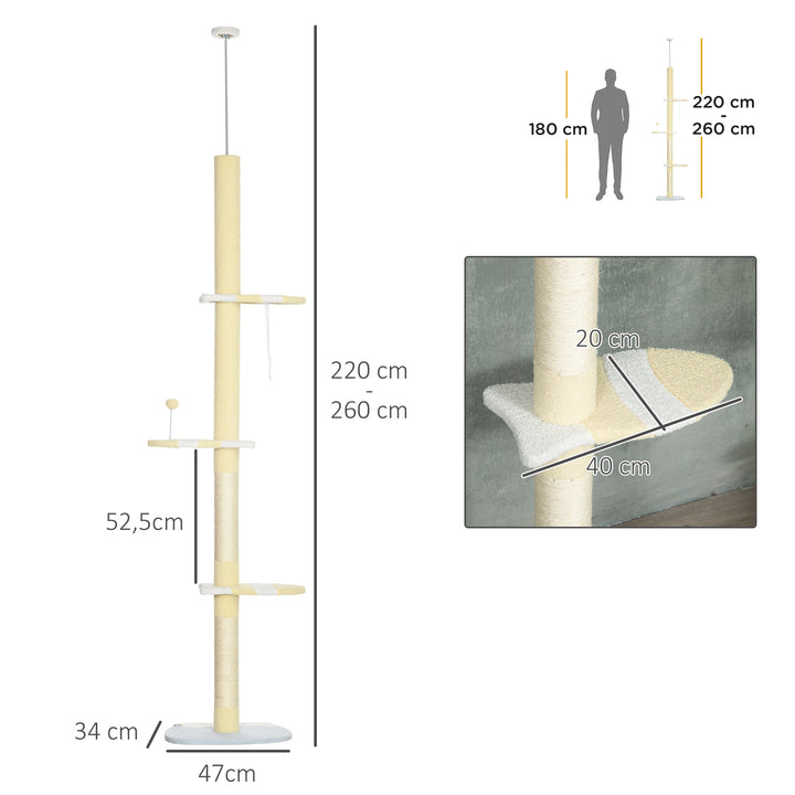 Højdejusterbart kradsetræ, skridsikkert, sisalrebstolper, 220-260h x 47l x 34b cm, gul/hvid/blå