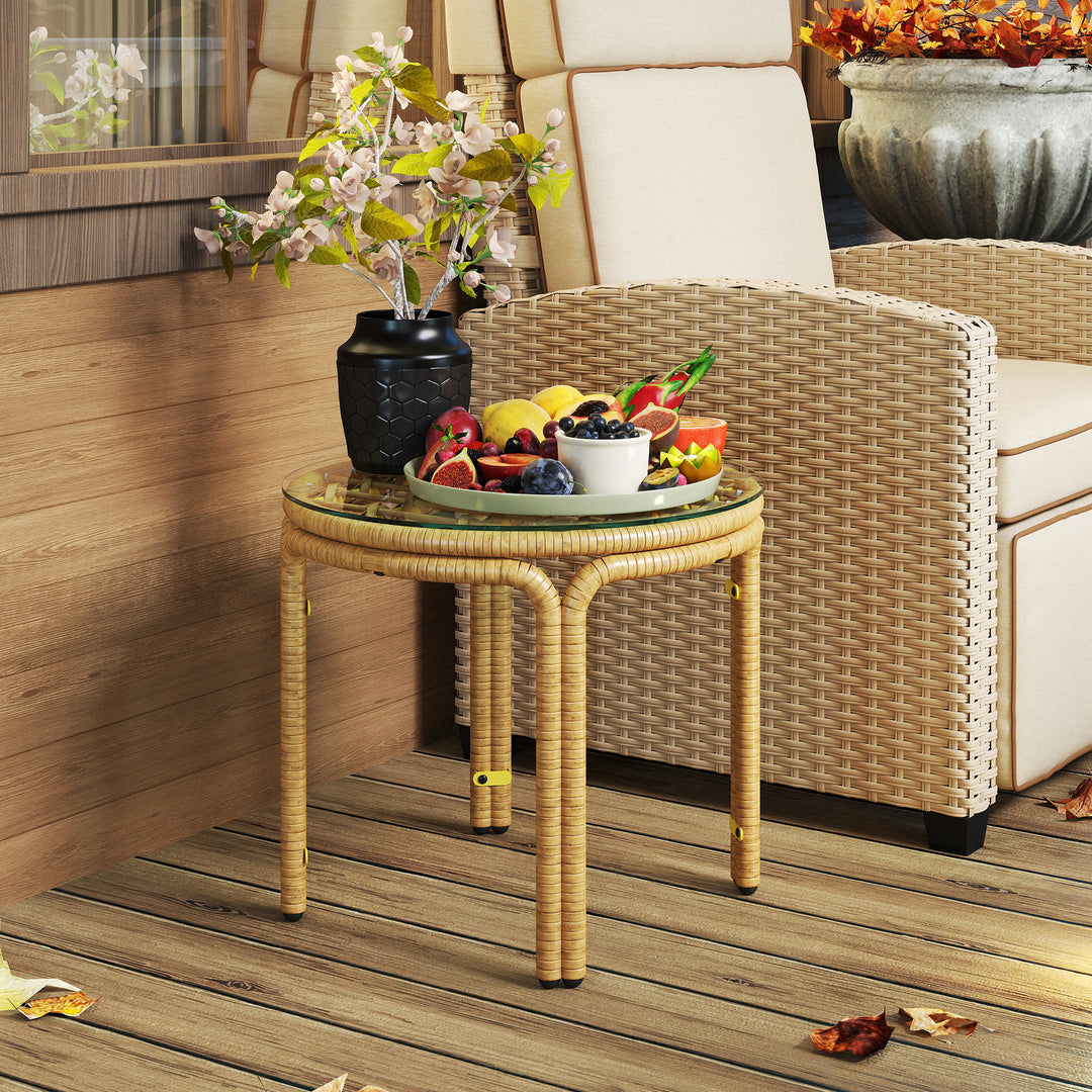 Sidebord lavet af polyrattan rundt sofabord med glasbordplade natbord ø50 cm gul