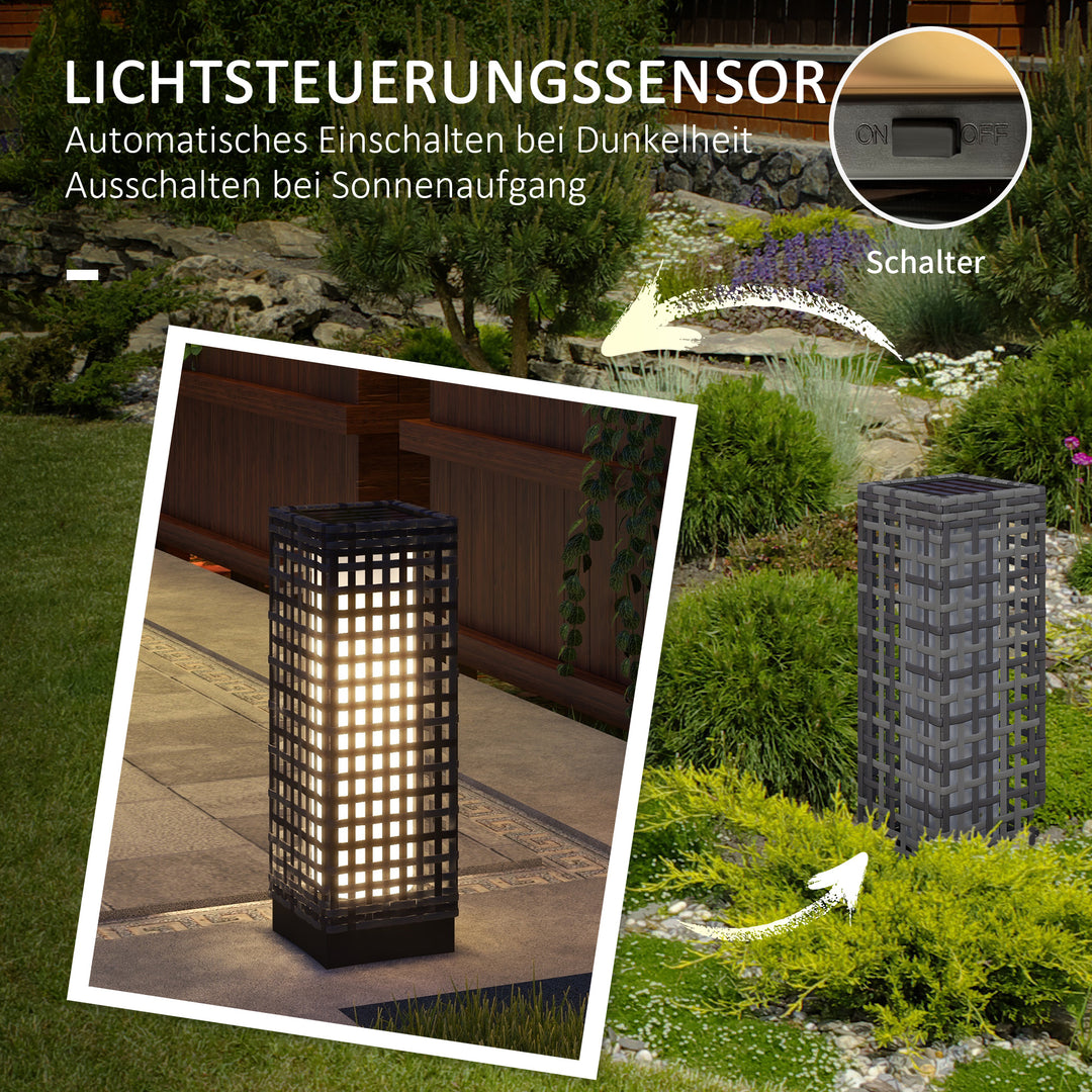 Udendørslampe med solpanel, automatisk tænding, 8 timers driftstid, rottinglook, stål, 15,5 x 15,5 x 46 cm, grå