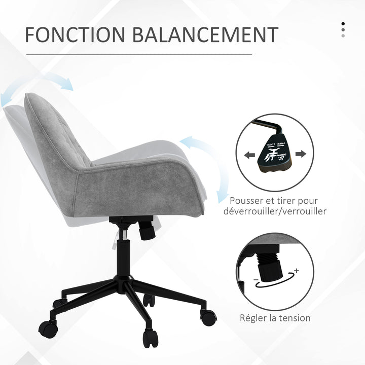 Kontorstol, skrivebordsstol, computerstol, højdejusterbar, fløjlslook, grå