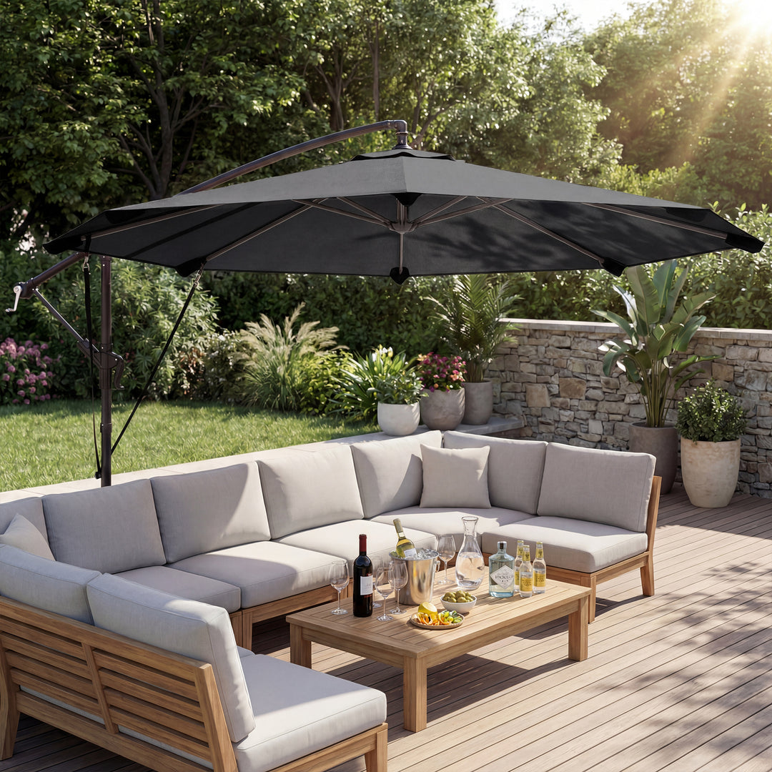 Fritstående parasol ca. Ø300 cm, vipbar, med håndsving, krydsfod, vindreb, beskyttelsesovertræk, mørkegrå
