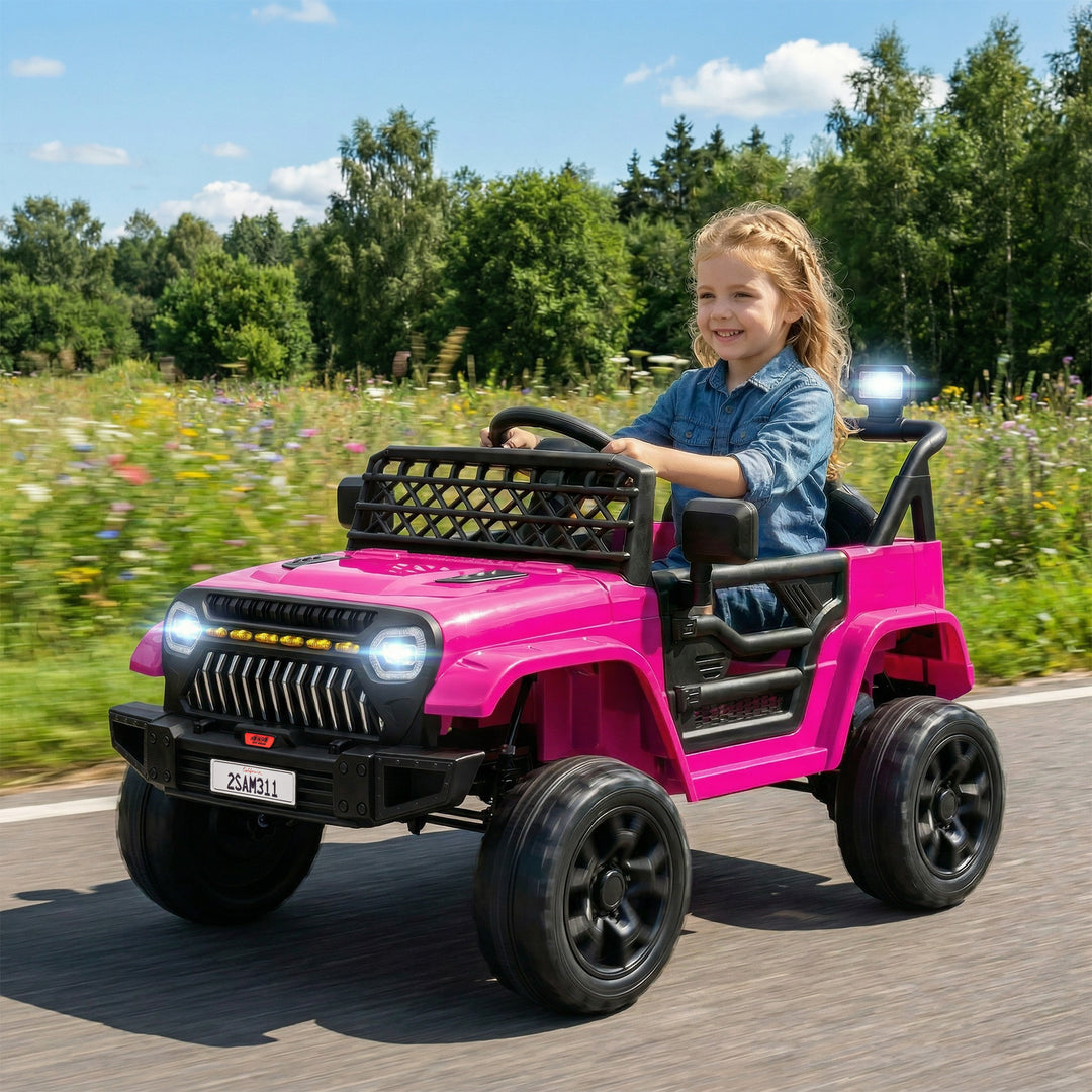 Børne elbil 12V med 2,4 GHz fjernbetjening, 2 motorer, horn, LED-lys, musik, til alderen 3-8, lyserød