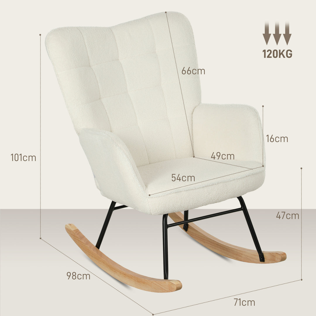 Gyngestol i fleece-look med armlæn, ergonomisk lænestol med træbase, til stue, soveværelse, hvid