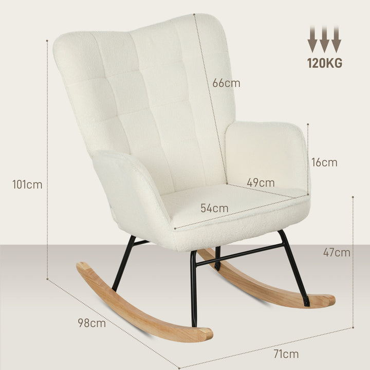 Gyngestol i fleece-look med armlæn, ergonomisk lænestol med træbase, til stue, soveværelse, hvid