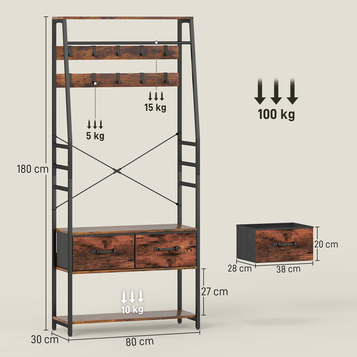 Garderobe med skohylde, stumtjener med bænk, 10 kroge, 2 stofskuffer, bøjlestang, spånplade, metal, brun