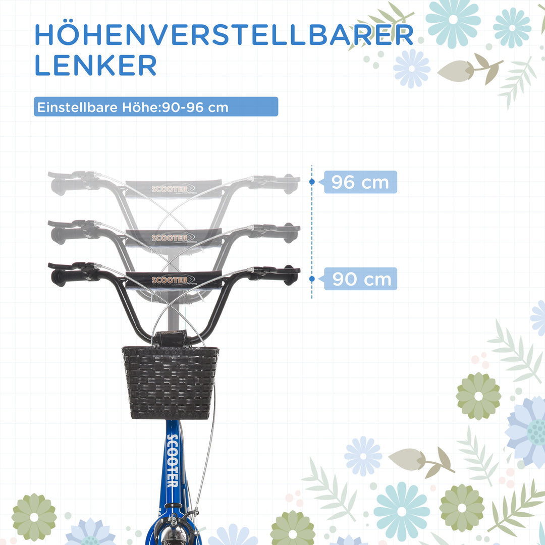 Børnescooter, løbehjul med bremse, inklusive kurv, højdejusterbar, til børn 5-12 år, blå+sort
