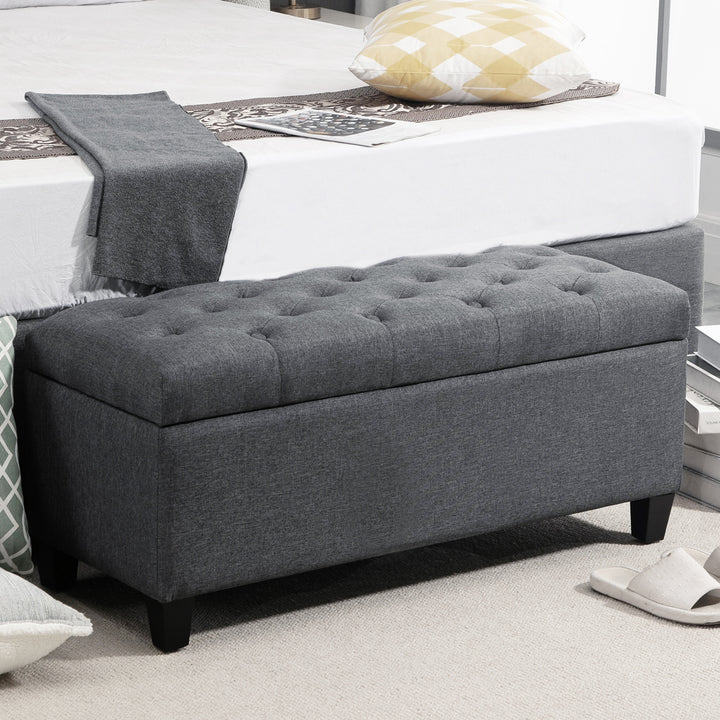 Bænk polstret bænk med opbevaringsplads kommodebænk entre soveværelse stue hørlignende polyester gummi træ mørkegrå 100 x 40 x 44 cm