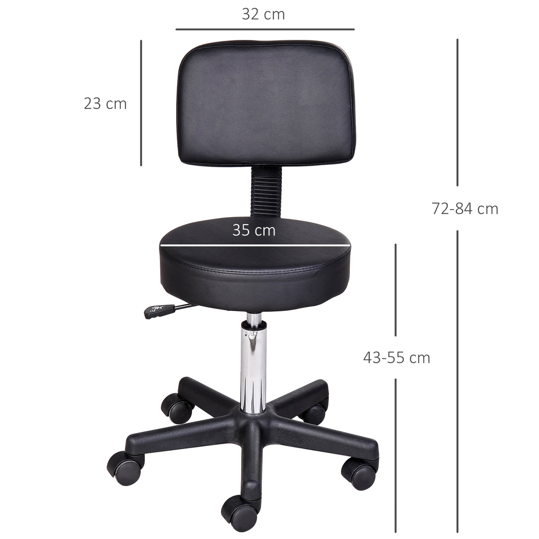 Højdejusterbar rulleskammel med ryglæn, drejeskammel 72-84 cm, 360° drejelig arbejdsskammel, kontorskammel til kontor, salon, massage, spa, sort