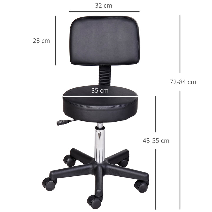 Højdejusterbar rulleskammel med ryglæn, drejeskammel 72-84 cm, 360° drejelig arbejdsskammel, kontorskammel til kontor, salon, massage, spa, sort