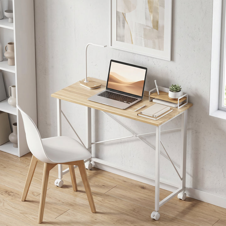 Foldbart skrivebord med hjul – pladsbesparende, 80x40x75 cm, natur/hvid