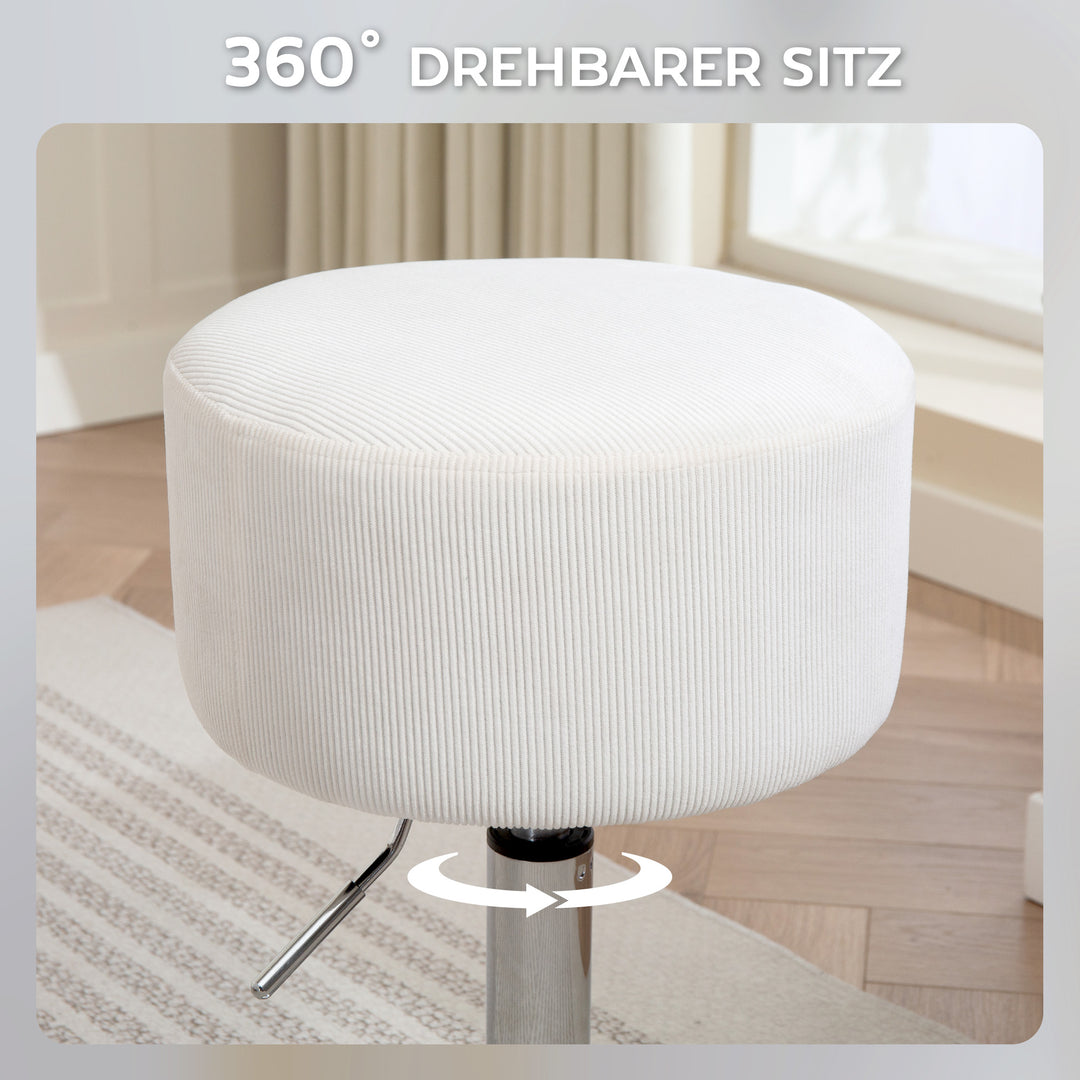 Barstol, polstret barstol med metalstel, corduroy look, højdejusterbar 360° drejelig hvid