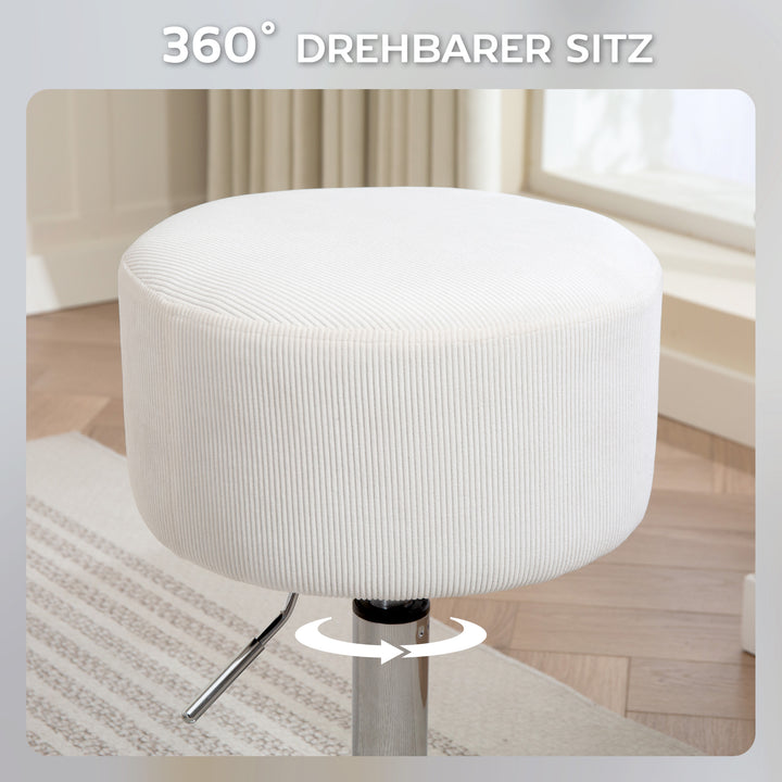 Barstol, polstret barstol med metalstel, corduroy look, højdejusterbar 360° drejelig hvid
