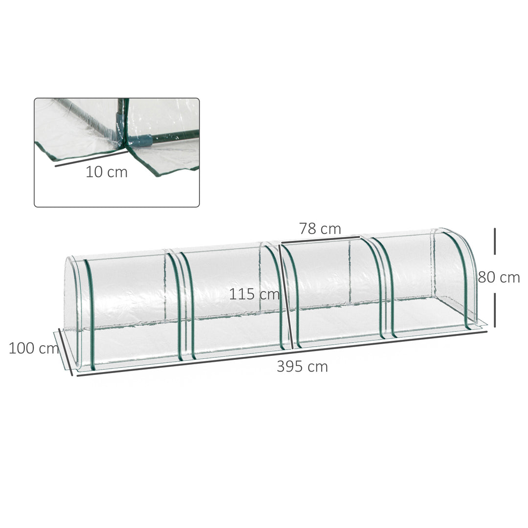 Tunneldrivhus, 4 vinduer med lynlåse, stålramme, robust presenning, transparent, 395 x 100 x 80 cm