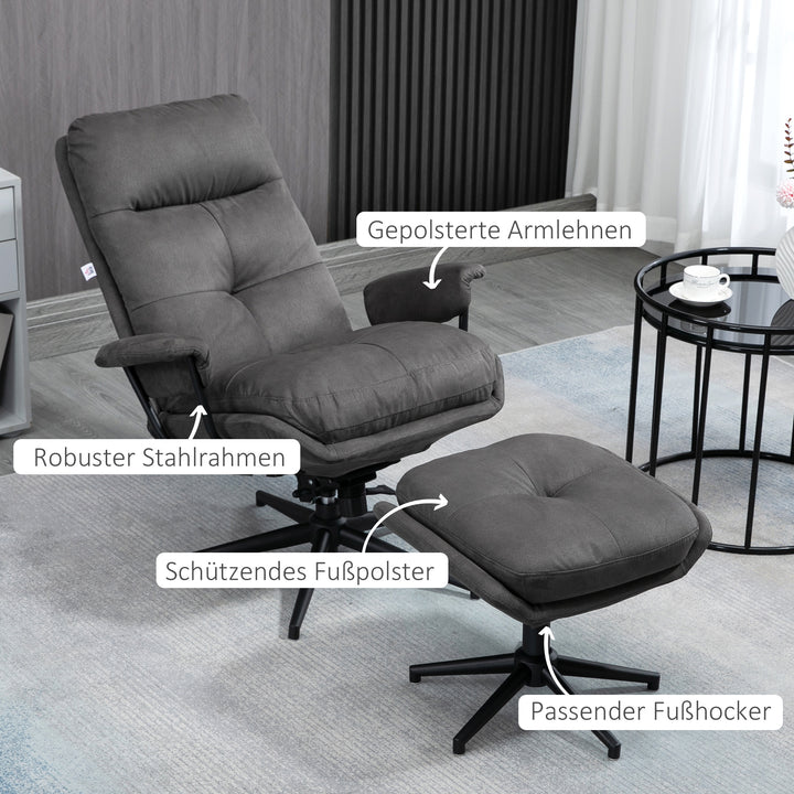 Lænestol med fodskammel, lænestol med fodskammel, justerbar ryglæn; mikrofiber, mørkegrå