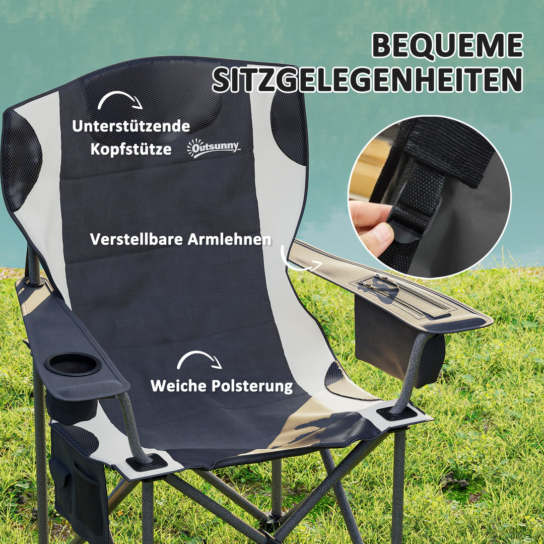 Sæt med 2 foldbare campingstole med armlæn, kopholder, nakkestøtte og køletaske, sort