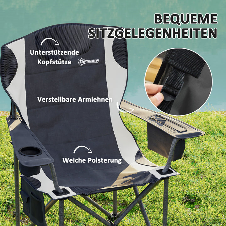 Sæt med 2 foldbare campingstole med armlæn, kopholder, nakkestøtte og køletaske, sort