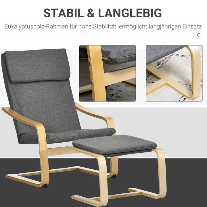 Lænestol med fodskammel, lænestolsæt, op til 120 kg, hørlook, massivt træ, grå + natur, 66,5 x 80 x 99 cm