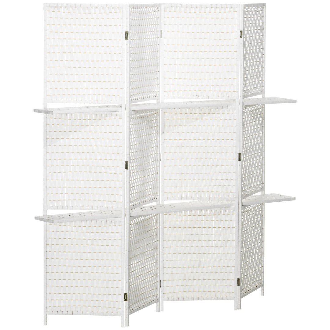 4-panels foldeskærm, 181 x 180 cm, med 2 hylder, lavet af fyrretræ og bambus, til soveværelser, hvid