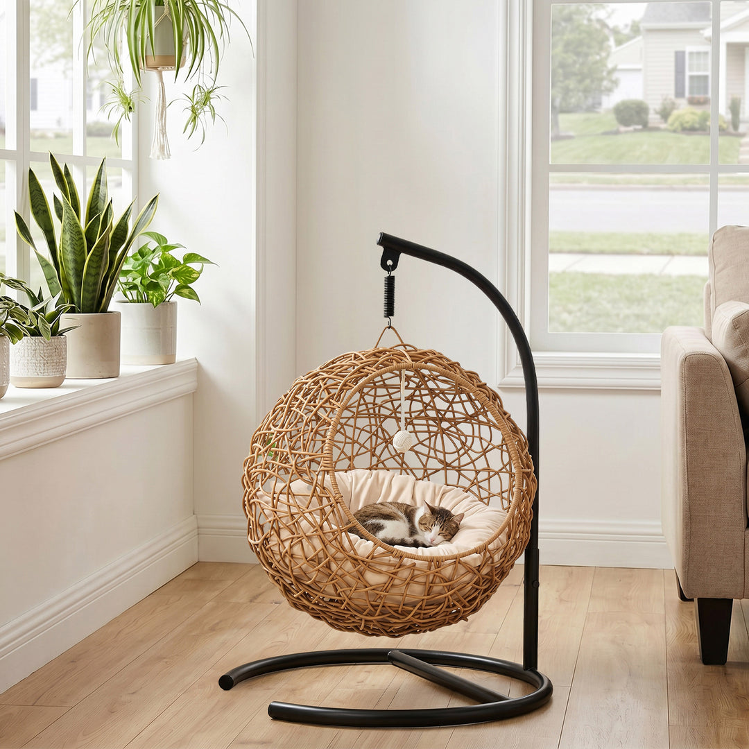 Rattan katteseng, kattehule med vaskbar hynde og legebold, til katte op til 10 kg, 45 x 41 x 75 cm, lysebrun