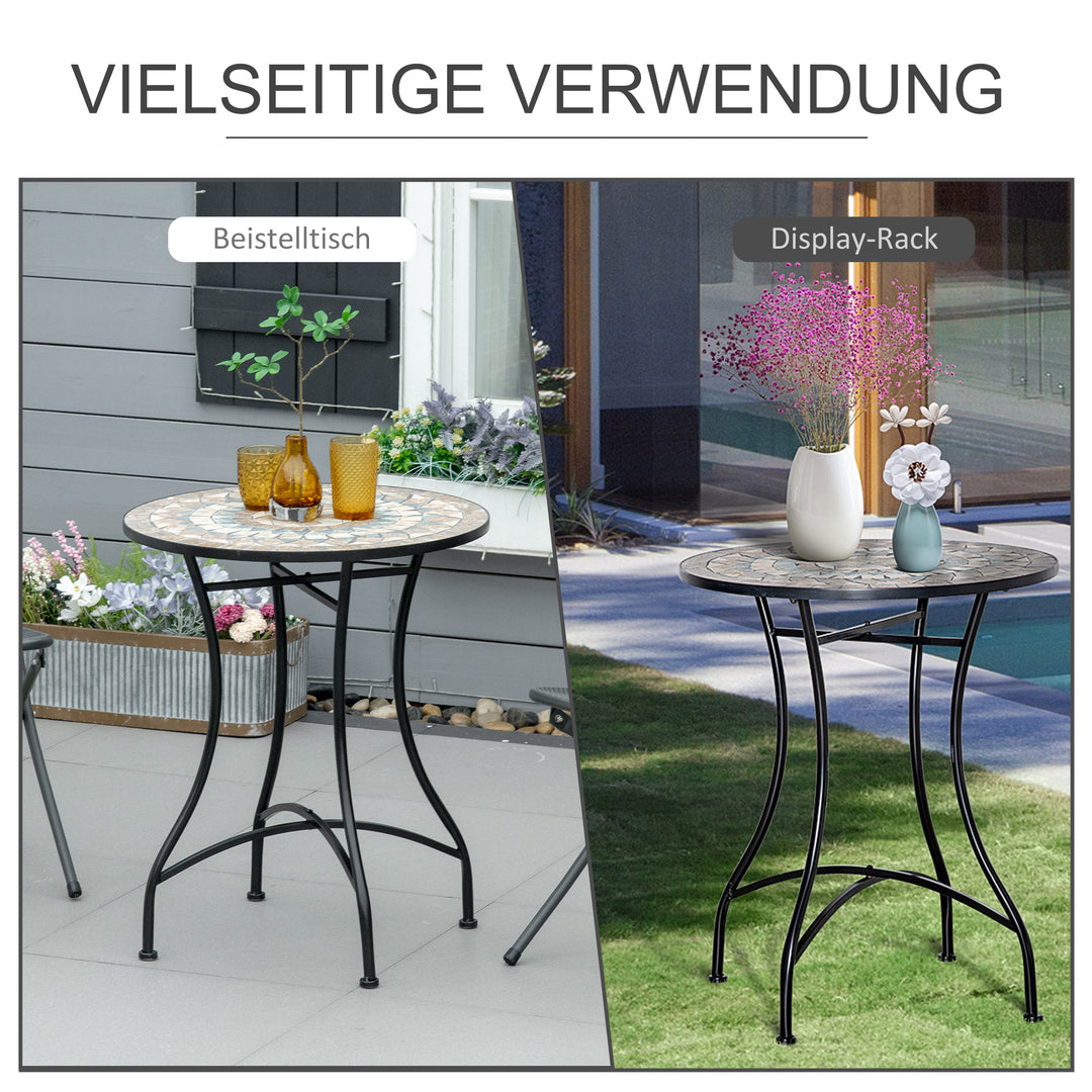 Havebord, mosaikbord, balkonbord, sidebord, serveringsbord, rundt, stål + keramik, orange + hvid, Ø60 x H71 cm