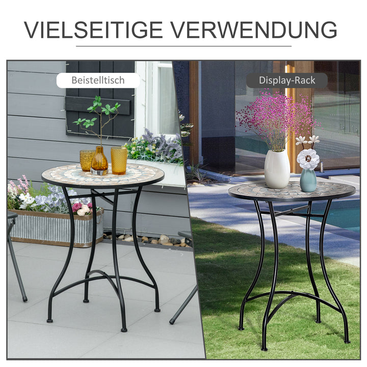 Havebord, mosaikbord, balkonbord, sidebord, serveringsbord, rundt, stål + keramik, orange + hvid, Ø60 x H71 cm