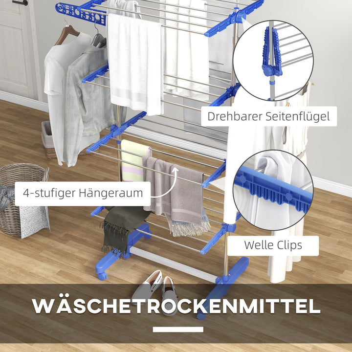 Tørrestativ med 5 niveauer, foldbar, et-klik-system, 142 cm x 55 cm x 1,72 cm, blå + sølv
