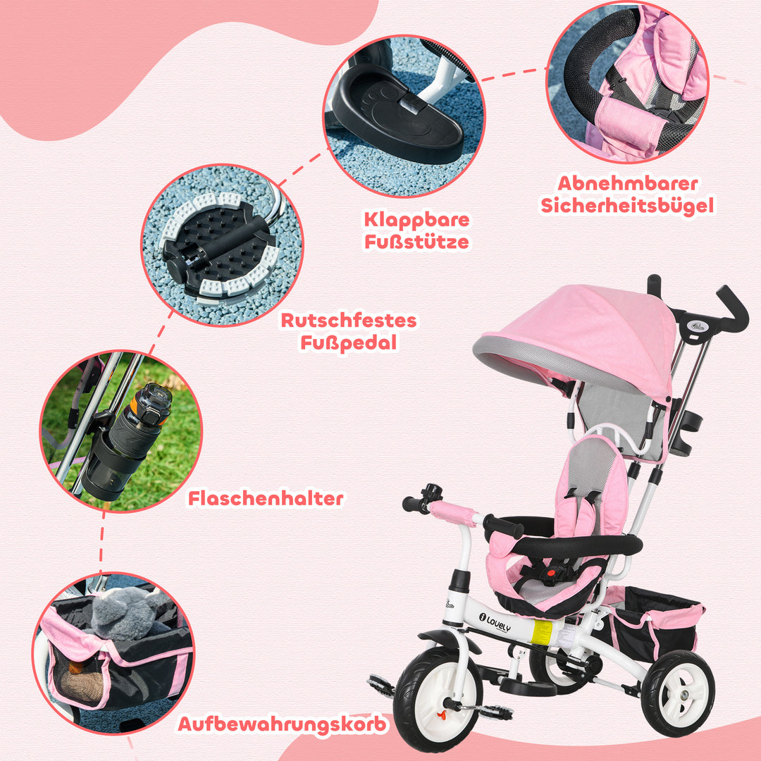 6-I-1 børnetrecykel med skubbehåndtag, kaleche, sele, opbevaringskurv, til 1-5 år, lyserød