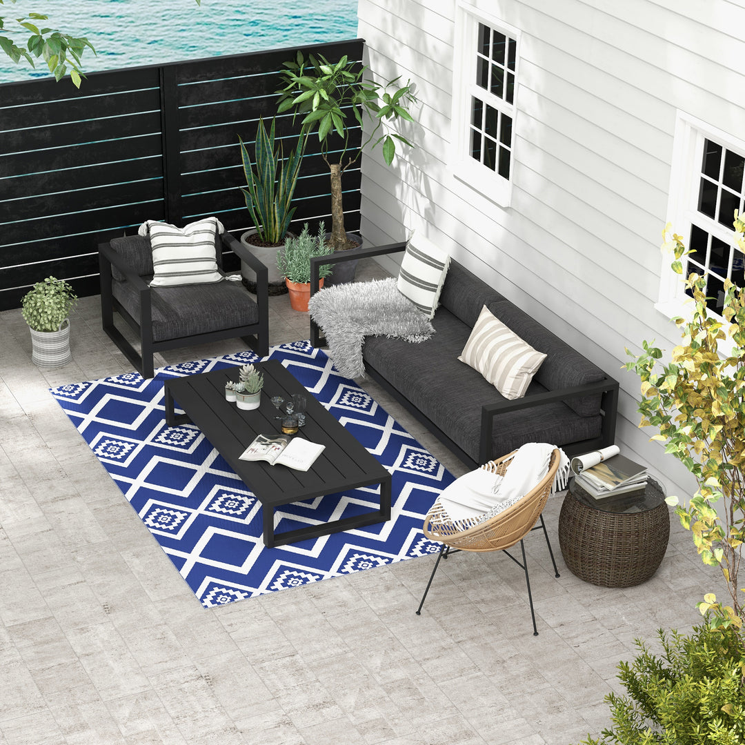 Udendørs tæppe terrassetæppe vejrbestandigt moderne design 182 cm x 274 cm x 0,3 cm blå + hvid