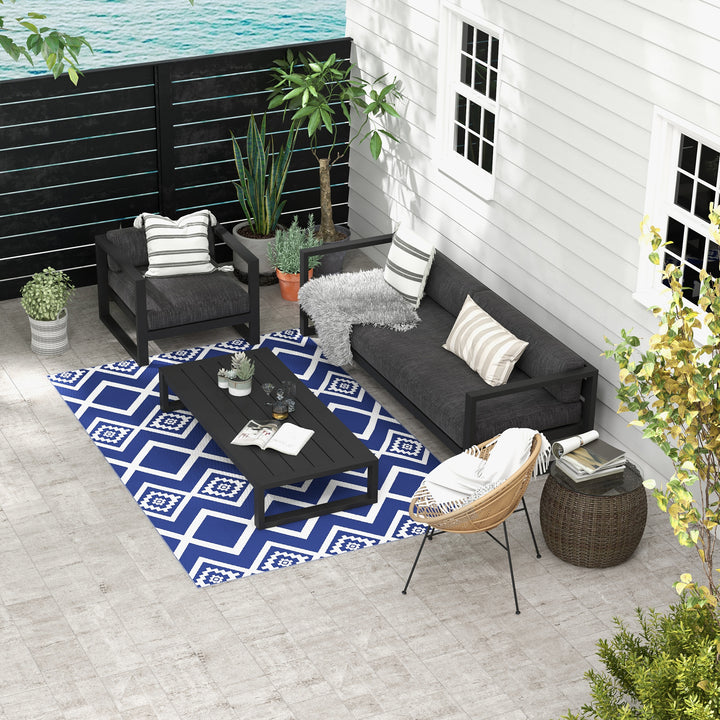 Udendørs tæppe terrassetæppe vejrbestandigt moderne design 182 cm x 274 cm x 0,3 cm blå + hvid