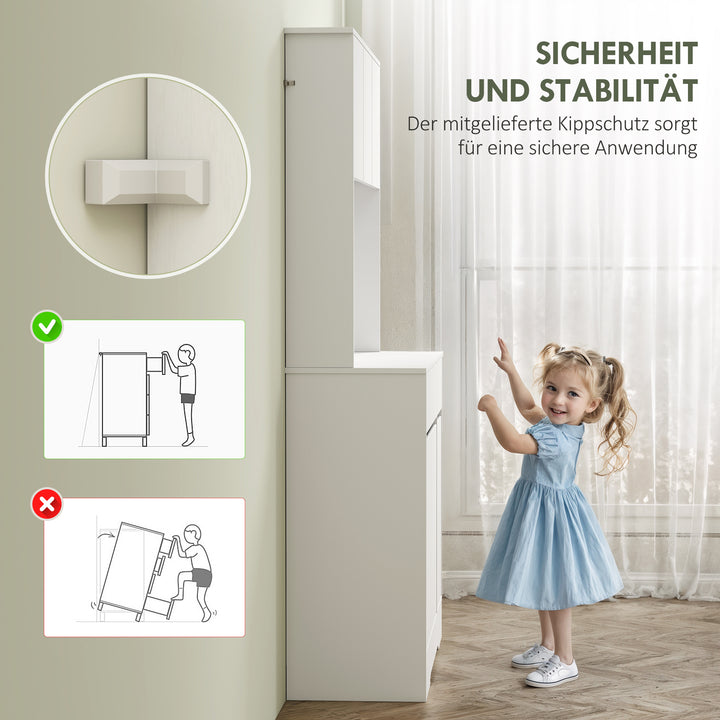 Køkkenskab med åben bordplade, 6 skabslåger, 2 skuffer, justerbare hylder, kabelhuller, spånplade, hvid