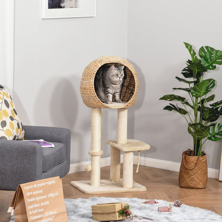 Kradsetræ 100 cm kattetårn med hule, legebold, sisalstolper, platform, kradsetræ i flere niveauer, klatretræ, til mellemstore katte, beige