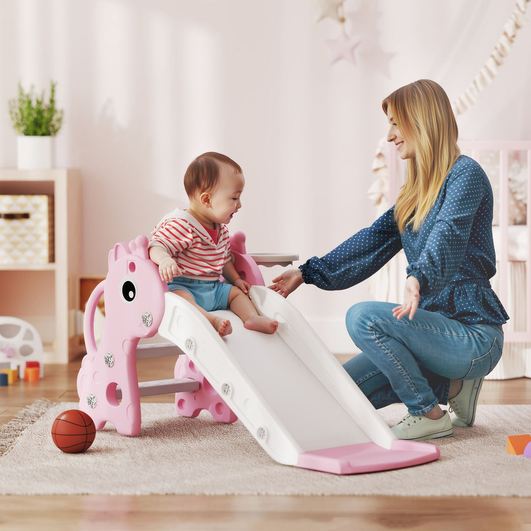 3-i-1 rutsjebane til børn, girafformet, basketballkurv, bold, pink