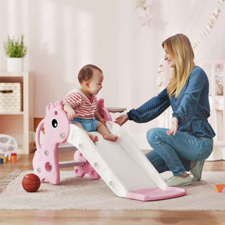 3-i-1 rutsjebane til børn, girafformet, basketballkurv, bold, pink