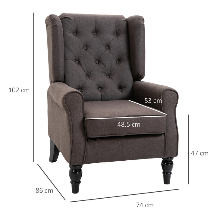 Lænestol, lænestol med armlæn, loungestol med hynder, tuftet, høj ryglæn, lænestol med træben, lænestol til stue, soveværelse, brun