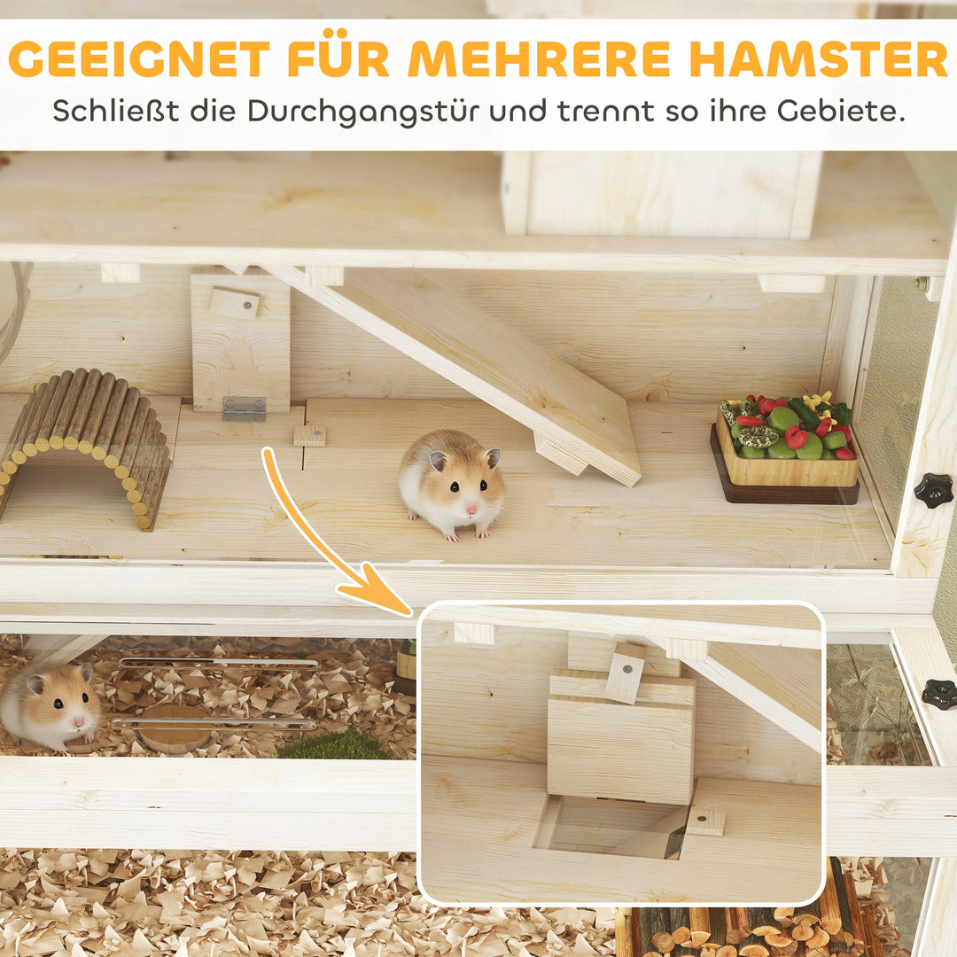 Hamsterbur, 3 niveauer, hytte, tilbehør, 100 x 50 x 84 cm, til flere små dyr, træ, plastik