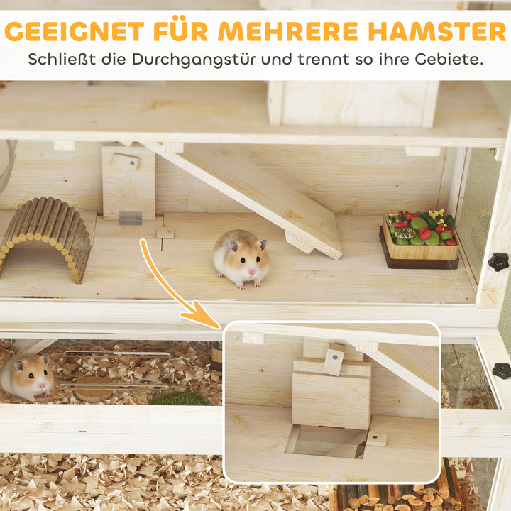 Hamsterbur, 3 niveauer, hytte, tilbehør, 100 x 50 x 84 cm, til flere små dyr, træ, plastik