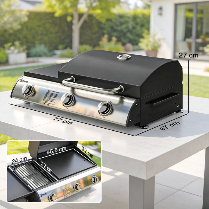 Gasgrill 7,5 KW Bærbar bordgrill med 3 brændere, sidebord, stegeplade, emaljerede grillriste, fedtbakke
