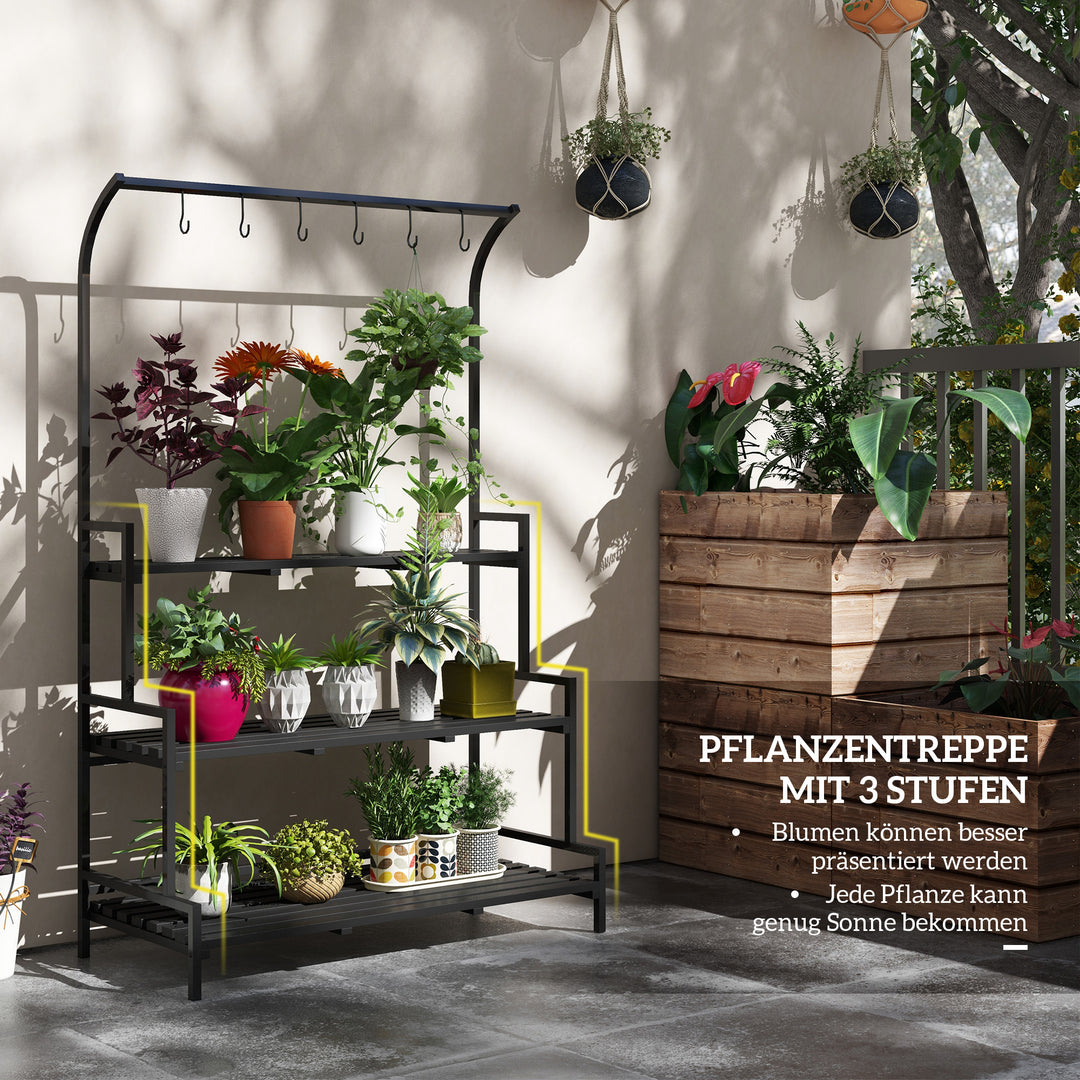 Blomsterstander, 3 etager, 6 kroge, indendørs og udendørs, metalramme, 170H x 110L x 50B cm, sort