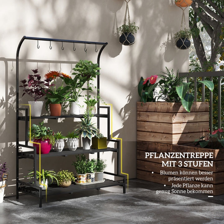 Blomsterstander, 3 etager, 6 kroge, indendørs og udendørs, metalramme, 170H x 110L x 50B cm, sort
