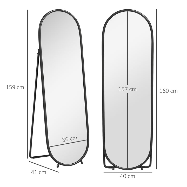 Helfigursspejl, oval form, fritstående, metalramme, 40x160cm, sort